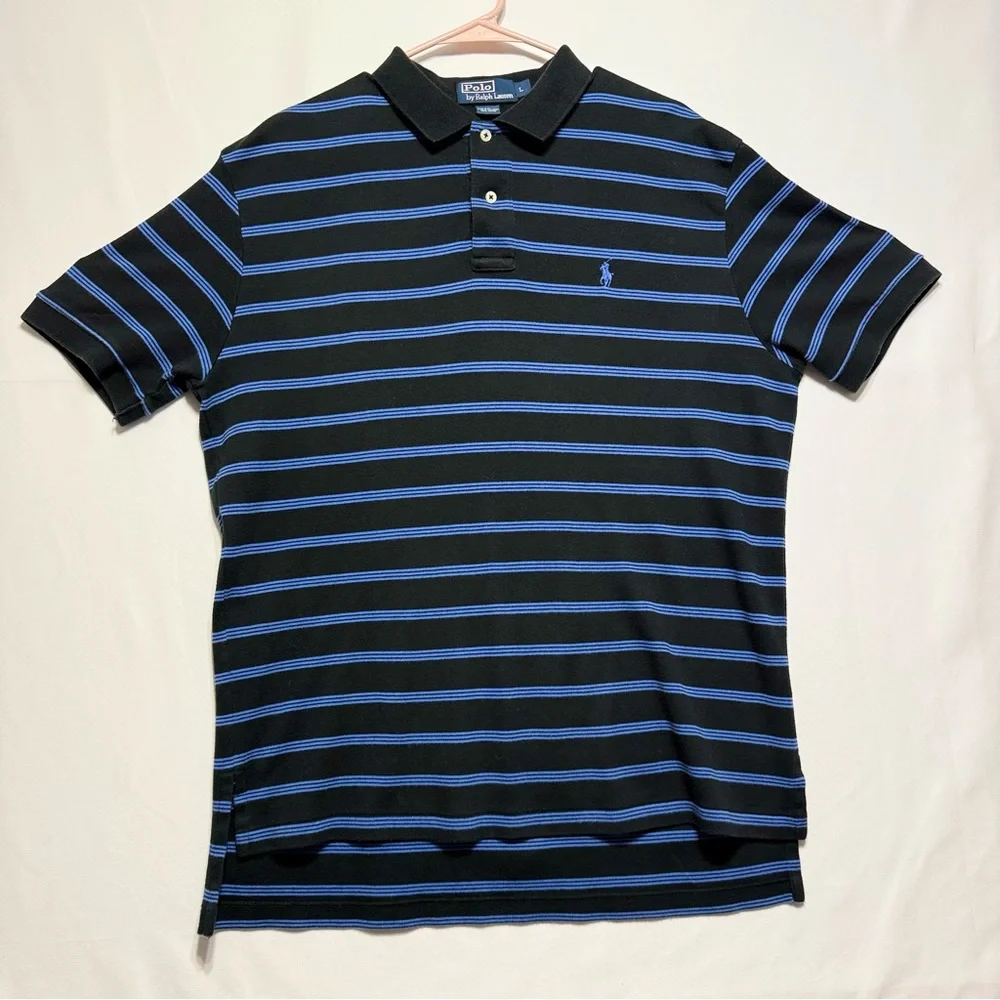 * SOLD * Polo by Ralph Lauren Men's Polo Size L Shirt Black & Blue Stripes - Picture 2 of 8